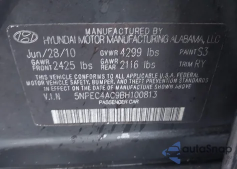 2011 Hyundai Sonata Se z USA, uszkodzony, nr VIN 5NPEC4AC9BH100813